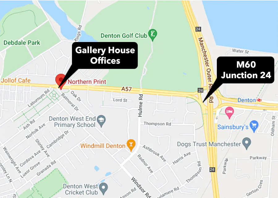 Map showing Gallery House on Manchester Road, Denton, in relation to M60 Junction 24